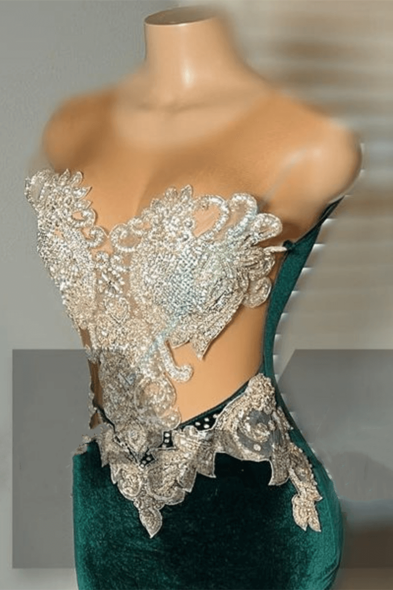 Green Velvet Mermaid Beadings Sheer Tulle Sexy Prom Dress-showprettydress