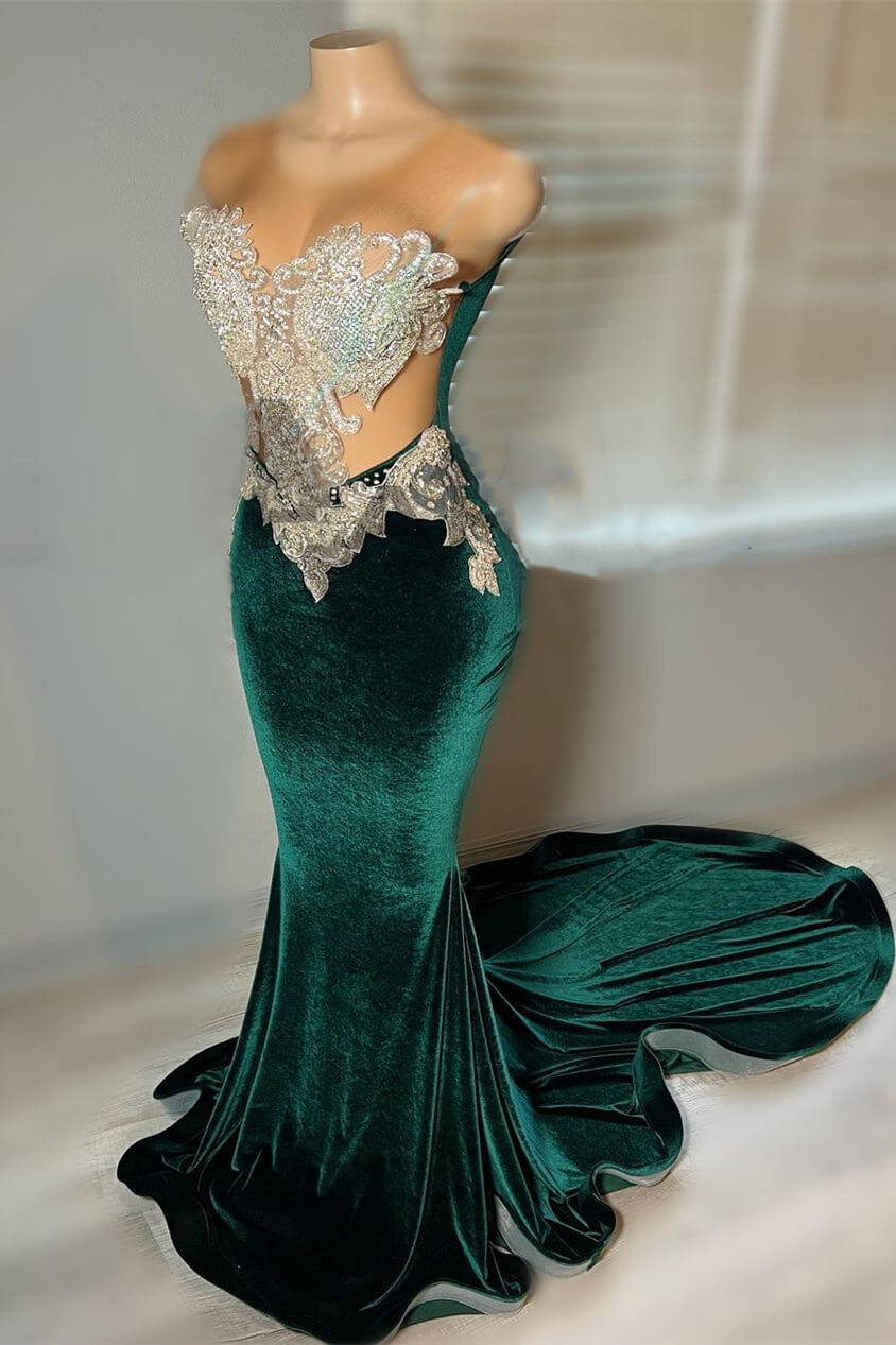Green Velvet Mermaid Beadings Sheer Tulle Sexy Prom Dress-showprettydress