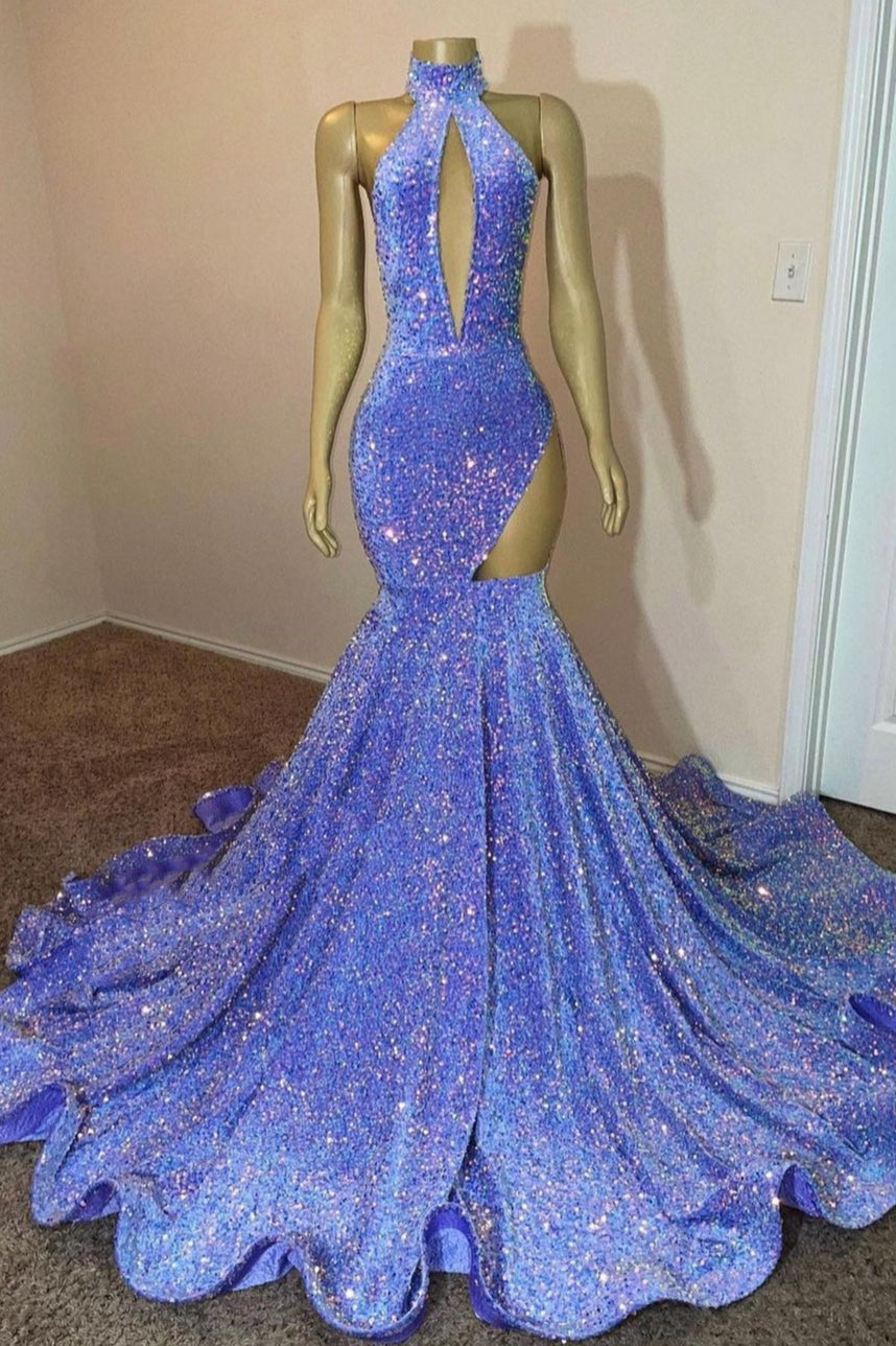 Halter Sequin Lavender Keyhole Mermaid Prom Dresses with Cutout-showprettydress