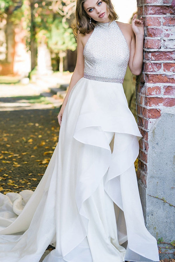 slim fit dress slacks Elegant Beaded Halter High-Neck Wedding Dress 12 main image 1