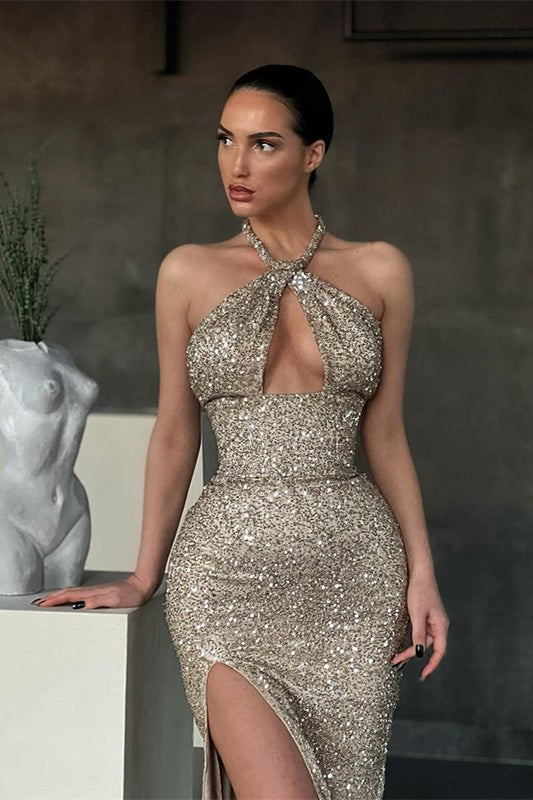 Halter Sequins Mermaid Prom Dress Sleeveless With Slit-showprettydress