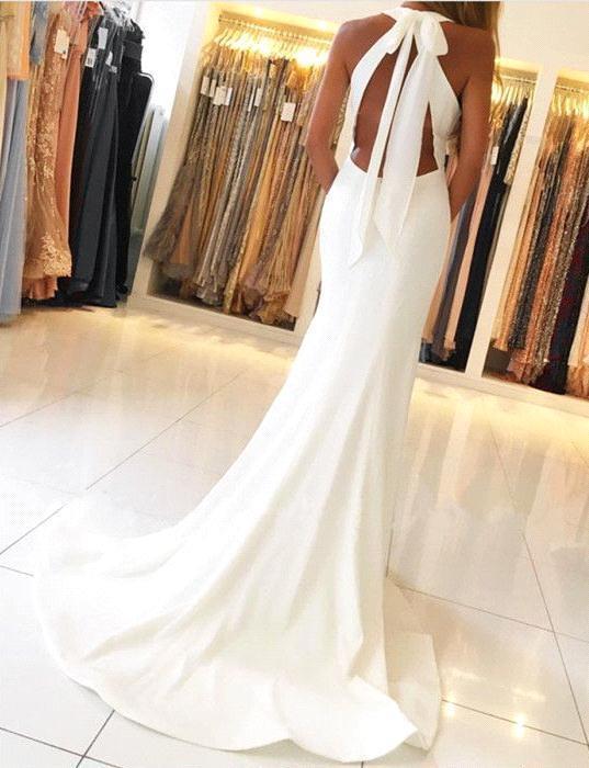 Halter Sexy Backless White Prom Dress Chiffon Long With Slipt-showprettydress