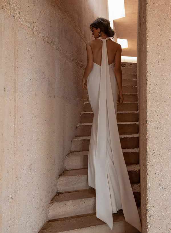 Halter Sleeveless Elastic Satin Wedding Dress Sweep Train Split Front-Showprettydress