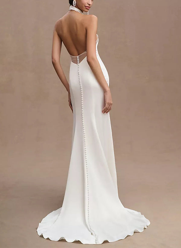 Halter Sleeveless Silk Like Satin Sheath Fitted Wedding Dresses Split Front-Showprettydress