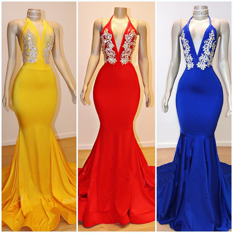 Halter V-neck Appliques Mermaid Long Eveing Gowns-showprettydress