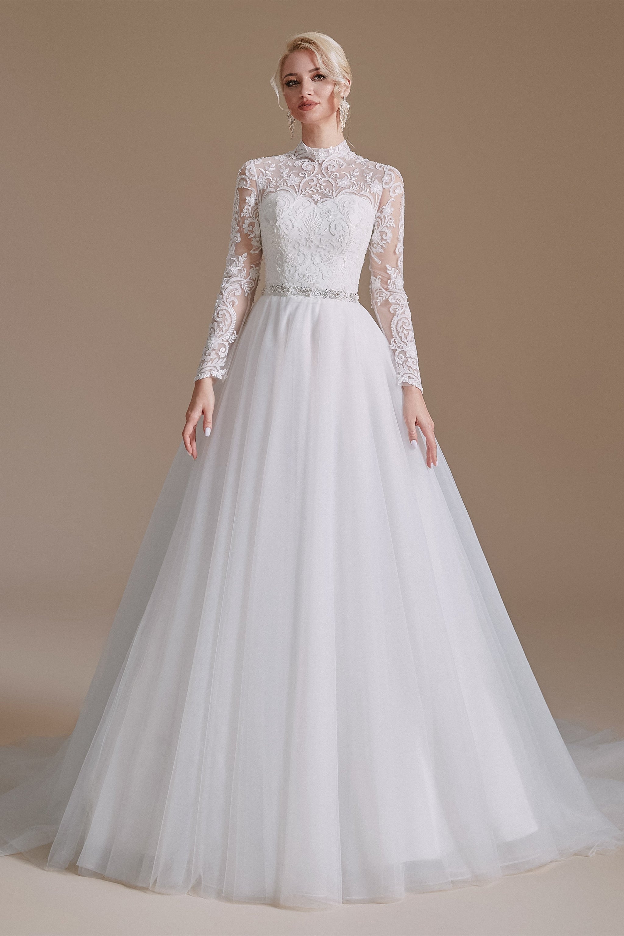 High Collar Lace Applique Long Sleeves Floor Length Wedding Dress | Sh High Collar Lace Applique Long Sleeves Floor Length Wedding Dress | Sh