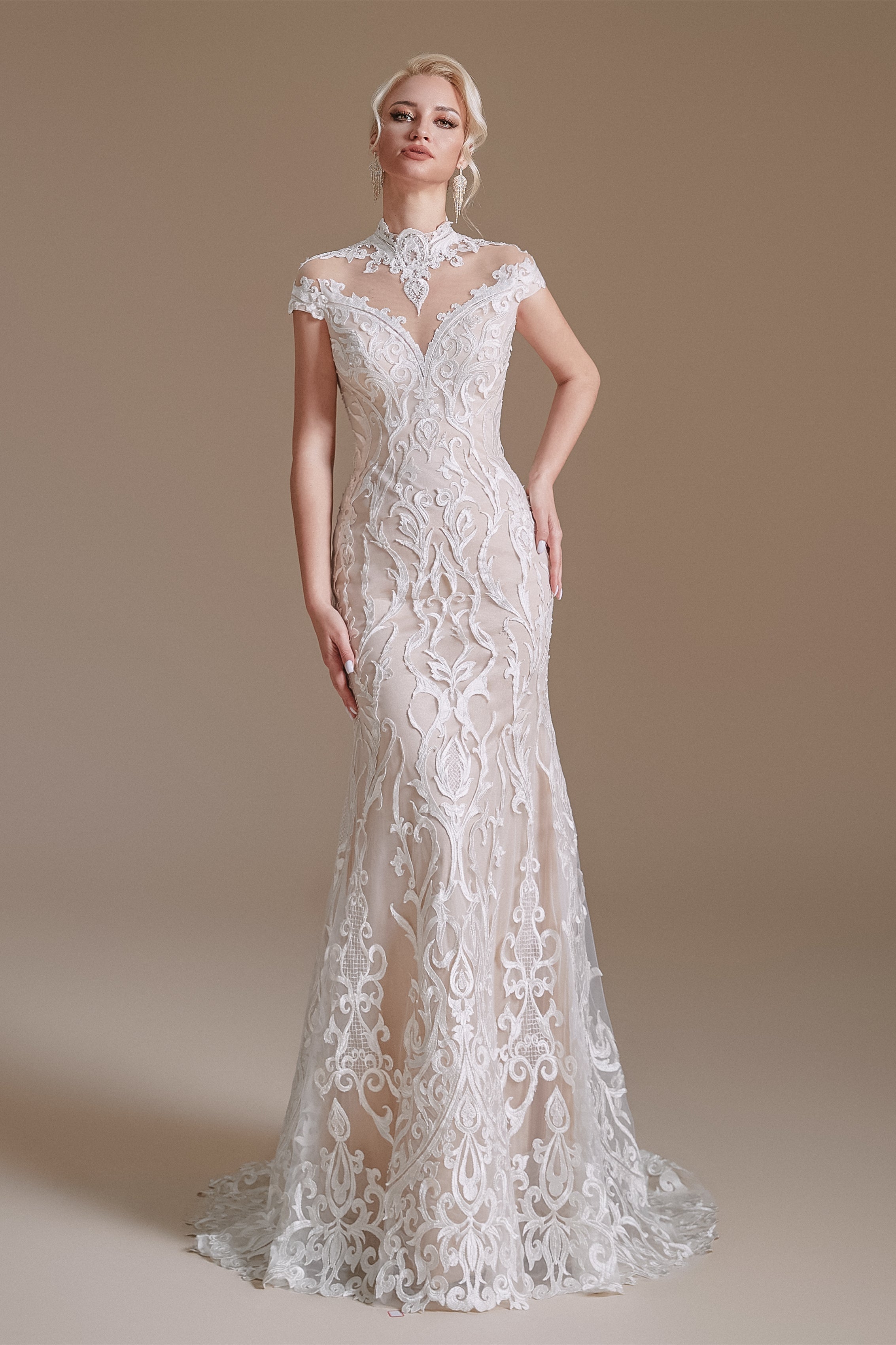 High Collar Lace Long Cap Sleeves Mermaid Wedding Dress | Showprettydress Design-showprettydress