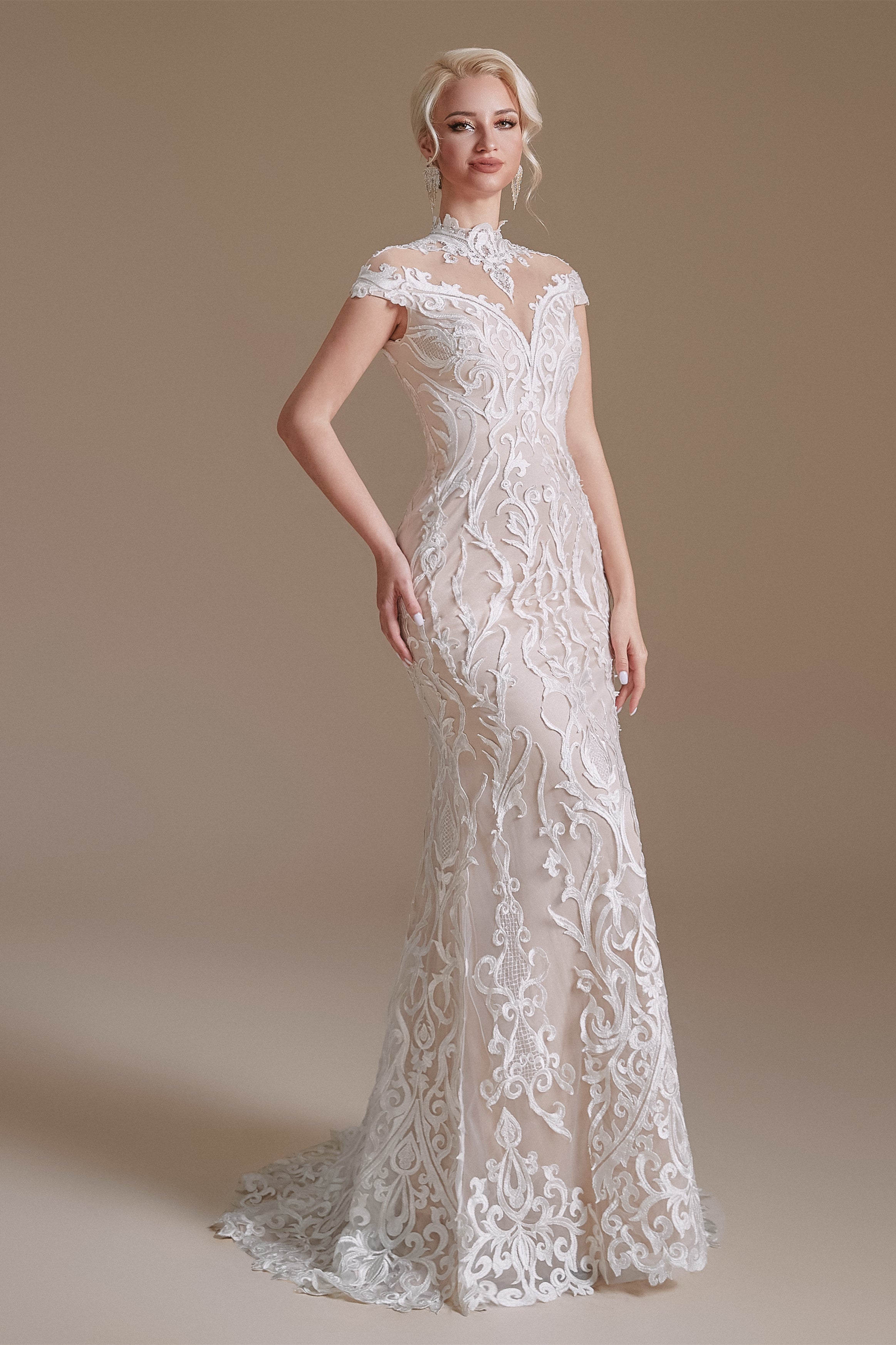 High Collar Lace Long Cap Sleeves Mermaid Wedding Dress | Showprettydress Design-showprettydress