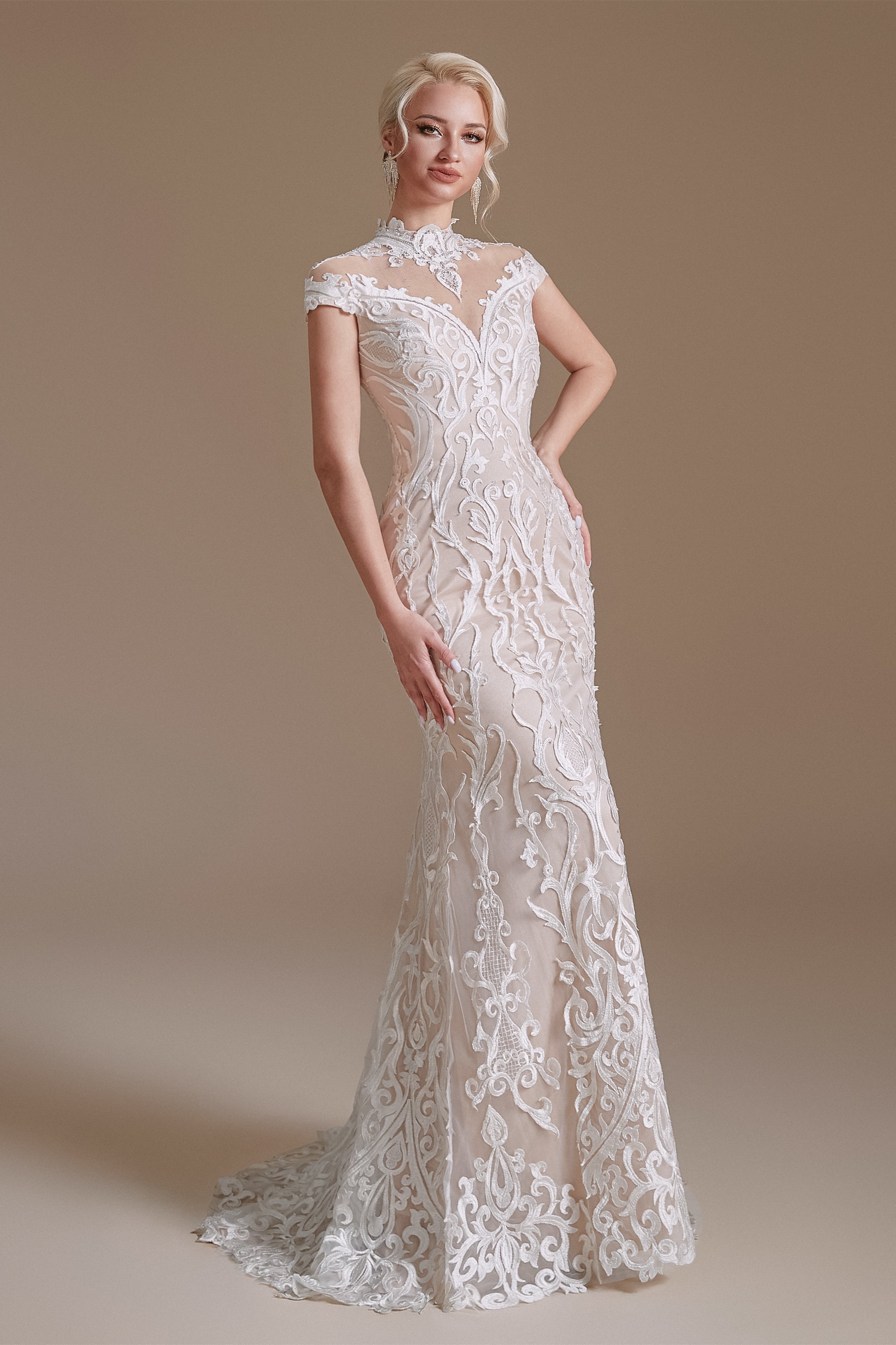 High Collar Lace Long Cap Sleeves Mermaid Wedding Dress | Showprettydress Design-showprettydress