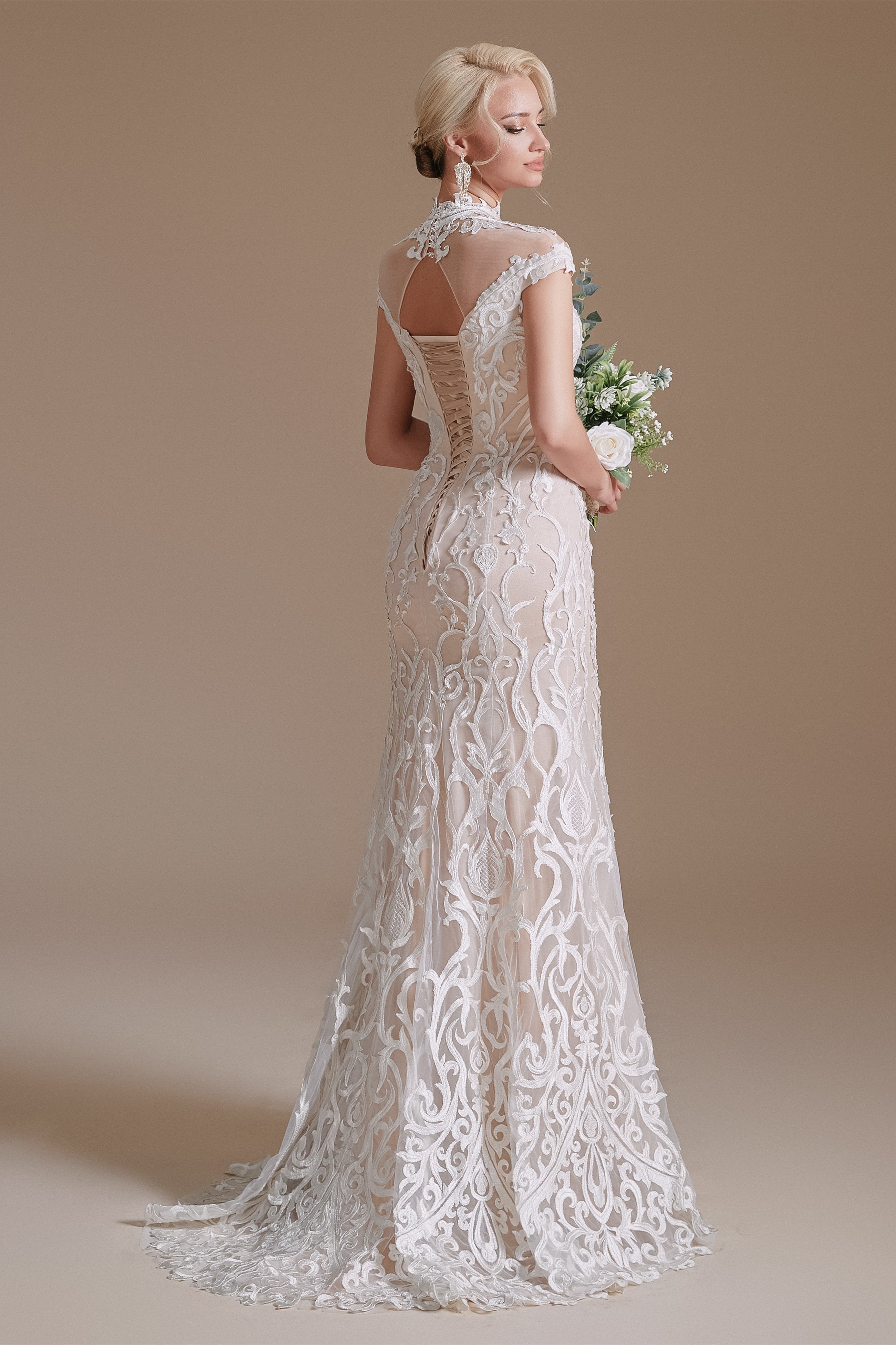 High Collar Lace Long Cap Sleeves Mermaid Wedding Dress | Showprettydress Design-showprettydress
