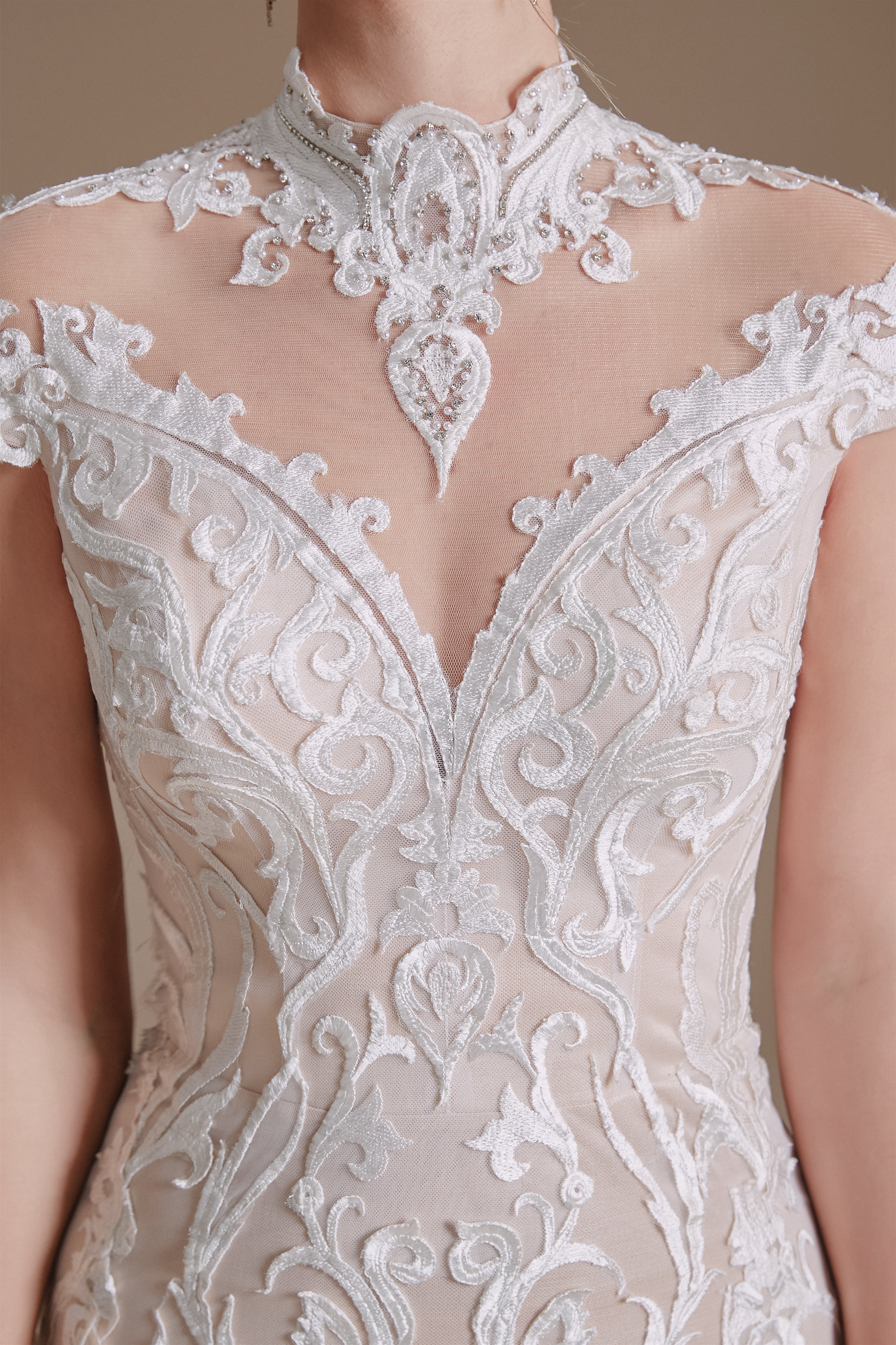 High Collar Lace Long Cap Sleeves Mermaid Wedding Dress | Showprettydress Design-showprettydress
