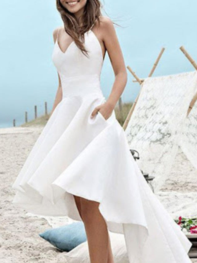High Low A-Line V Neck Spaghetti Strap Satin Wedding Dresses with Pockets-showprettydress