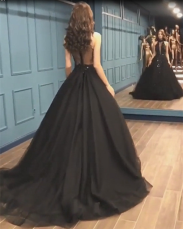 High Neck Black Tulle Chic Prom Dresses New Arrival Sleeveless Beads Sequins Evening Gowns-showprettydress