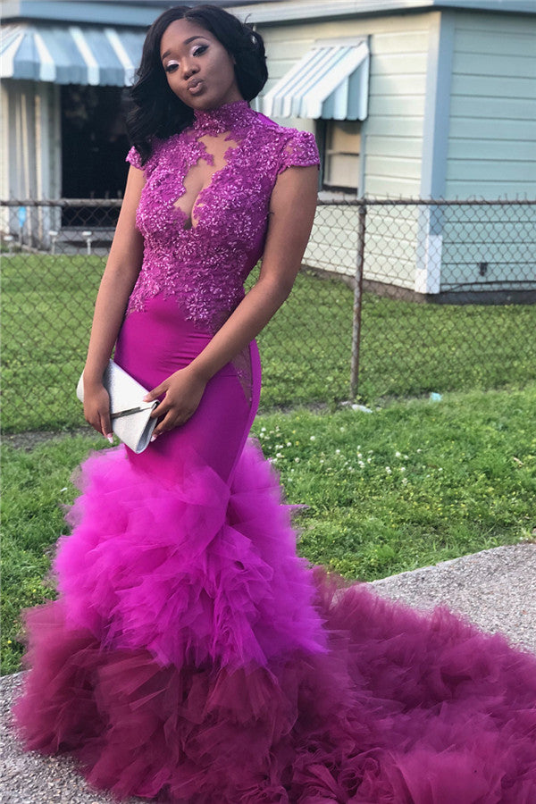 High Neck Fit and Flare Beads Appliques Prom Dresses Sheer Tulle Ruffl