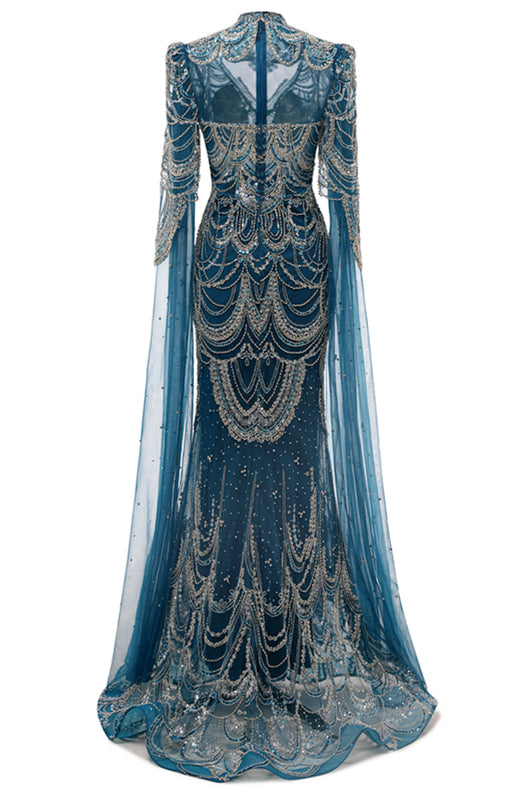 High neck Ink Blue Long sleeves Beaded Mermaid Evening Dresses-showprettydress