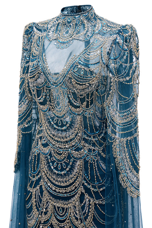 High neck Ink Blue Long sleeves Beaded Mermaid Evening Dresses-showprettydress
