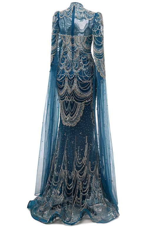 High neck Ink Blue Long sleeves Beaded Mermaid Evening Dresses-showprettydress