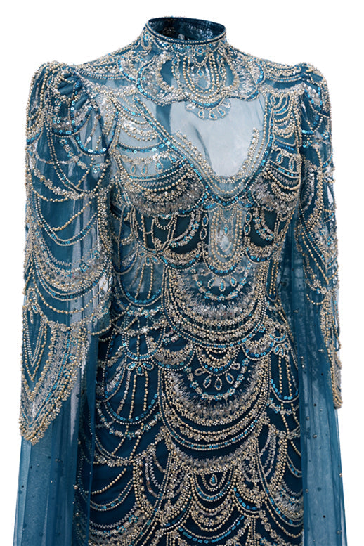 High neck Ink Blue Long sleeves Beaded Mermaid Evening Dresses-showprettydress