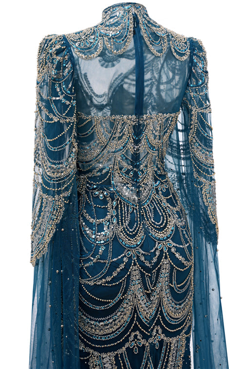 High neck Ink Blue Long sleeves Beaded Mermaid Evening Dresses-showprettydress