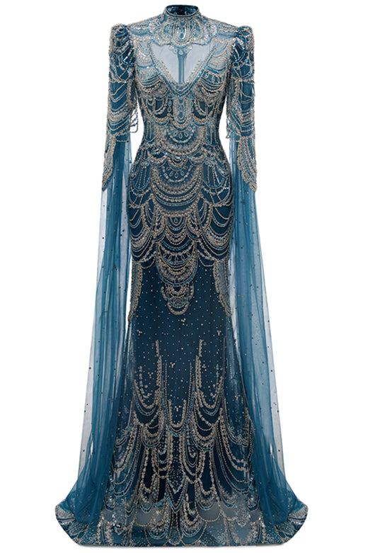 High neck Ink Blue Long sleeves Beaded Mermaid Evening Dresses High neck Ink Blue Long sleeves Beaded Mermaid Evening Dresses