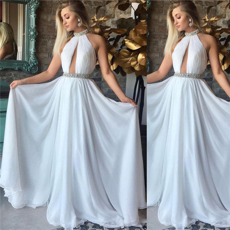 High Neck Sleeveless Chiffon Evening Dresses Open Back Beading Chic Prom Party Gowns-showprettydress