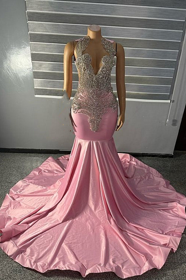 High neck Unique Silver Beaded Pink Mermaid Prom Dresses-showprettydress
