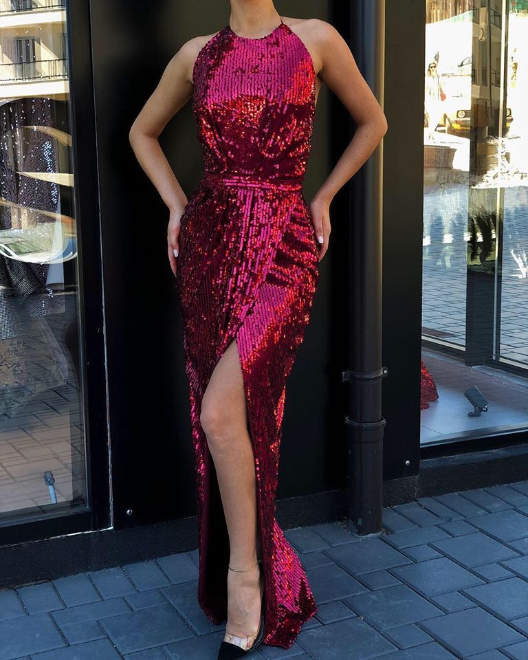 High round neck Charming Sequined High Slit Burgundy Prom Party Gowns-showprettydress