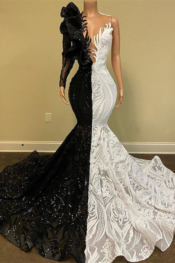 Hot Half Black Half White One shoulder Long Sleeves Mermaid Prom Dresses-showprettydress