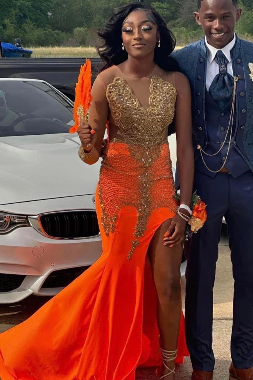 Hot Orange Mermaid High Split Prom Dresses with Gold Beads-showprettydress