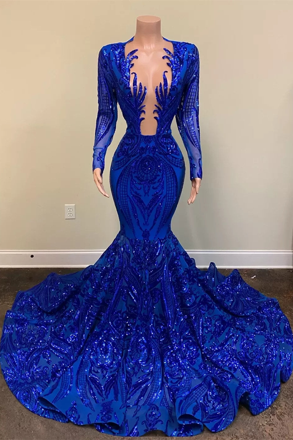 Hot Sparkle Royal Blue Long Mermaid V-neck Prom Dress with Sleeves