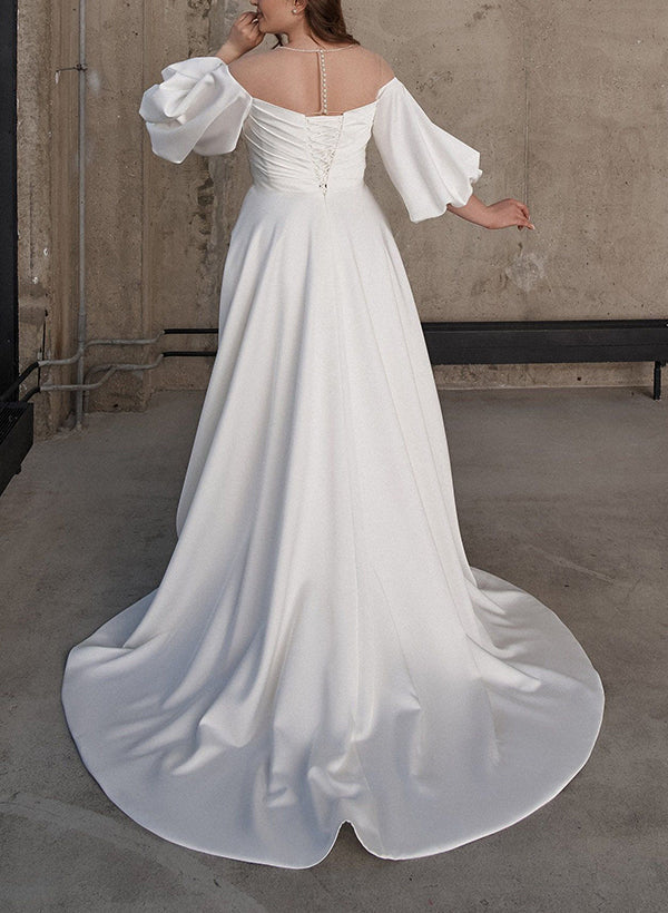 Illusion Neck Chic A-line Satin Wedding Dress Half Sleeves Sweep Train-Showprettydress