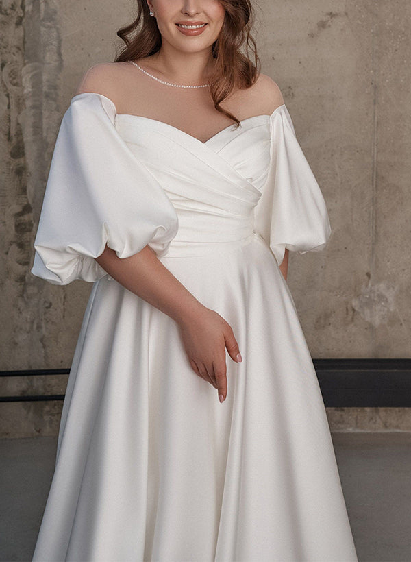 Illusion Neck Chic A-line Satin Wedding Dress Half Sleeves Sweep Train-Showprettydress