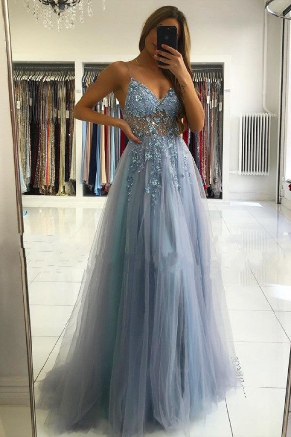 Illusion neck Storm Blue V-neck Tulle See-through Evening Dress