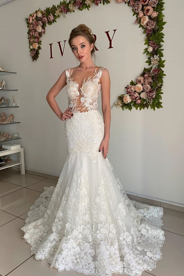 Illusion neck White Lace Sleeveless Mermaid Wedding Dress-showprettydress