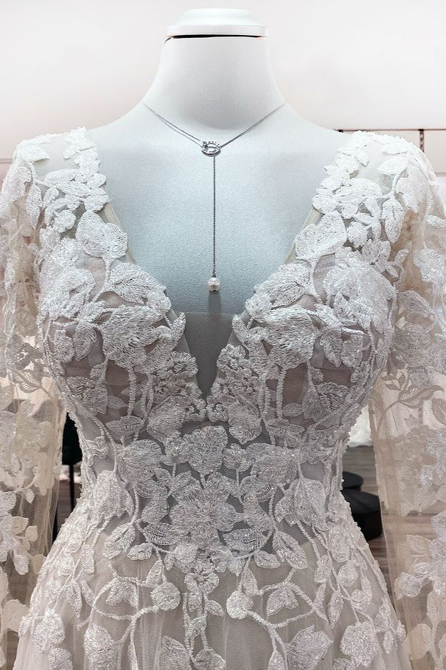 Ivory A-line Tulle Long Sleeves Lace Appliques Open Back Wedding Dresses-showprettydress