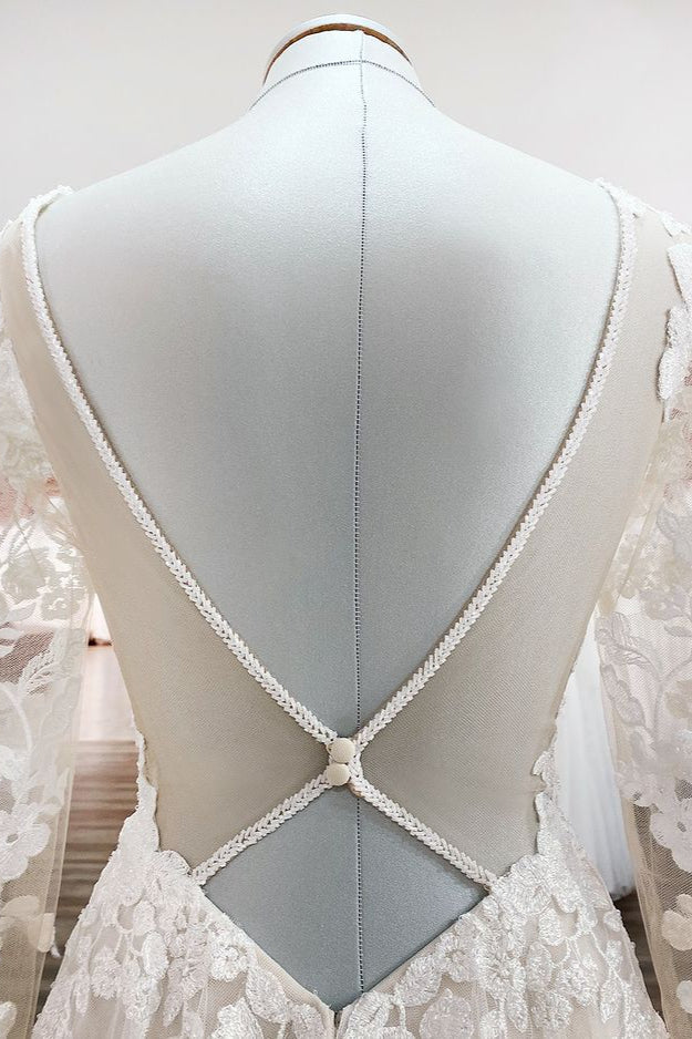 Ivory A-line Tulle Long Sleeves Lace Appliques Open Back Wedding Dresses-showprettydress