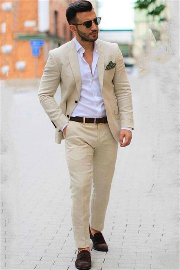 Ivory Casual Summer Two-piece Linen Blazer Mens Suits Beige Slim