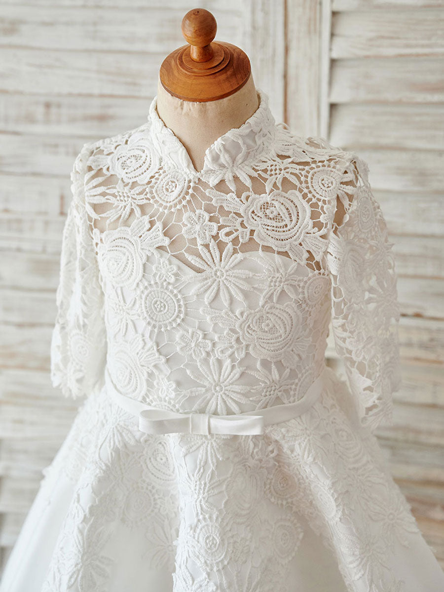 Ivory Lace Satin High Neck Long Sleeves Wedding flower girl dress-showprettydress