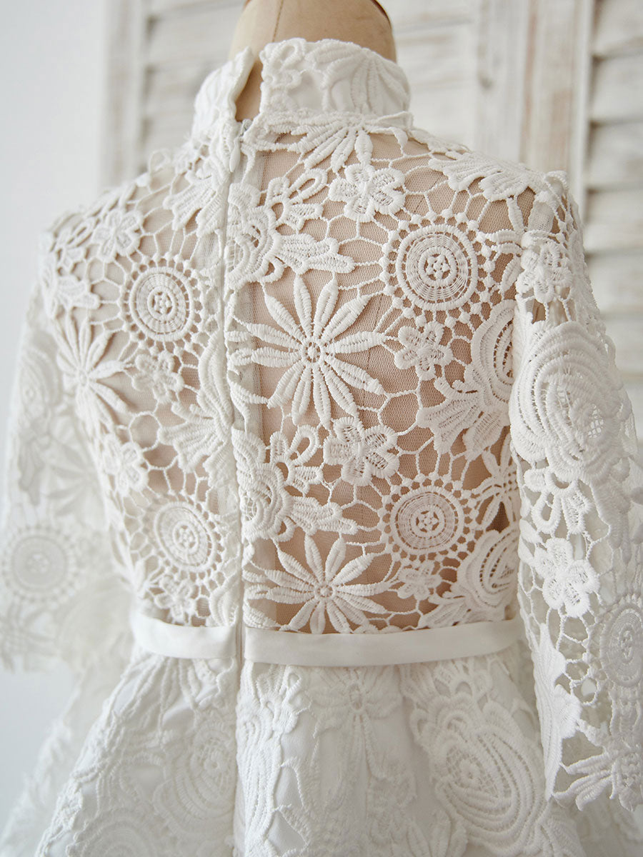 Ivory Lace Satin High Neck Long Sleeves Wedding flower girl dress-showprettydress