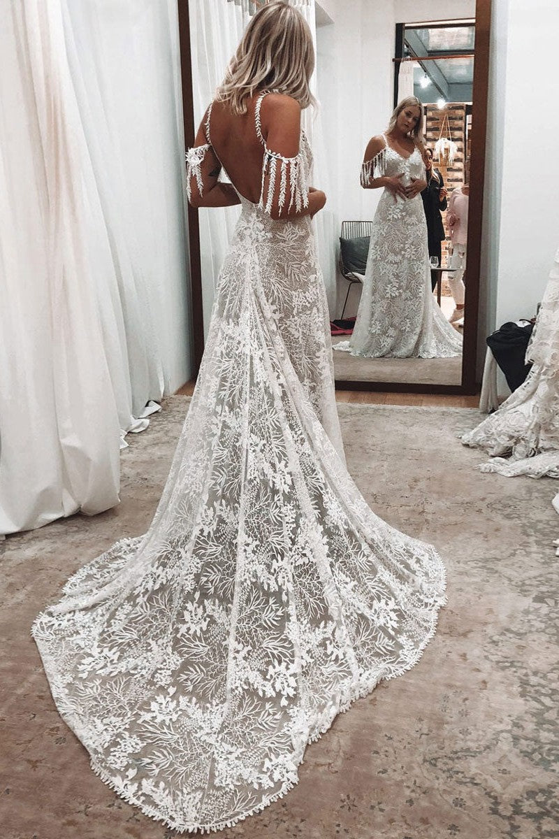 Ivory Lace Sexy Backless Wedding Dress With Train A-Line Sleeveless Chic V-Neck Bridal Gowns-showprettydress