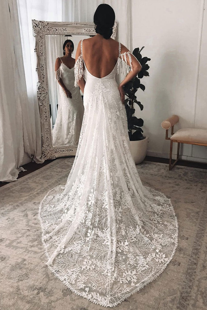 Ivory Lace Sexy Backless Wedding Dress With Train A-Line Sleeveless Chic V-Neck Bridal Gowns-showprettydress