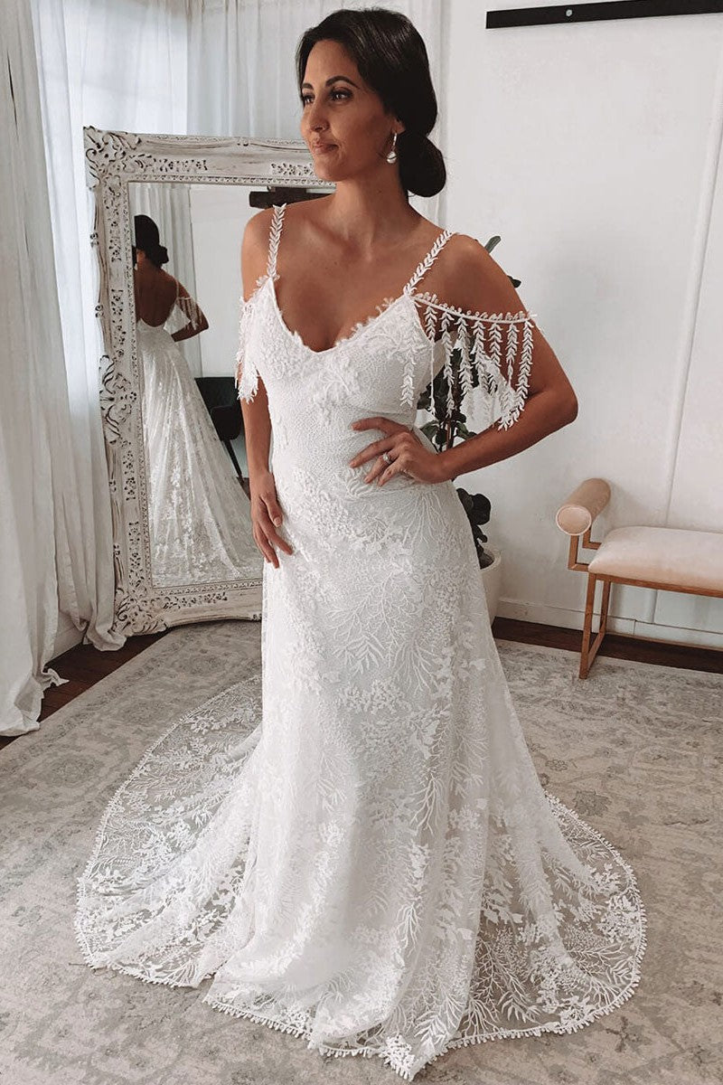 Ivory Lace Sexy Backless Wedding Dress With Train A-Line Sleeveless Chic V-Neck Bridal Gowns-showprettydress