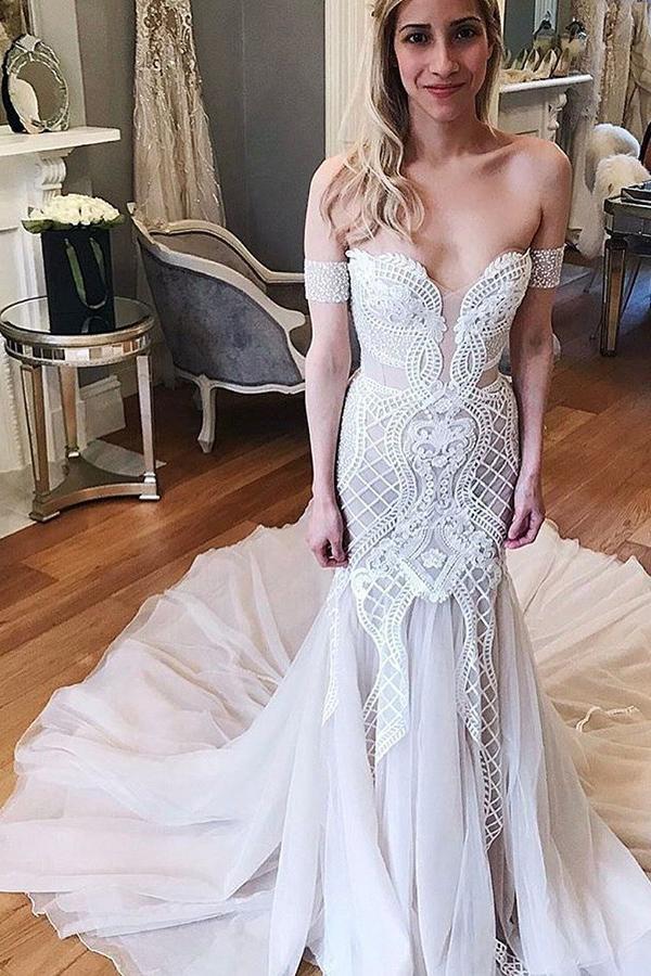 Ivory Long Mermaid Off-the-Shoulder Chapel Train Tulle Lace Wedding Dress-showprettydress