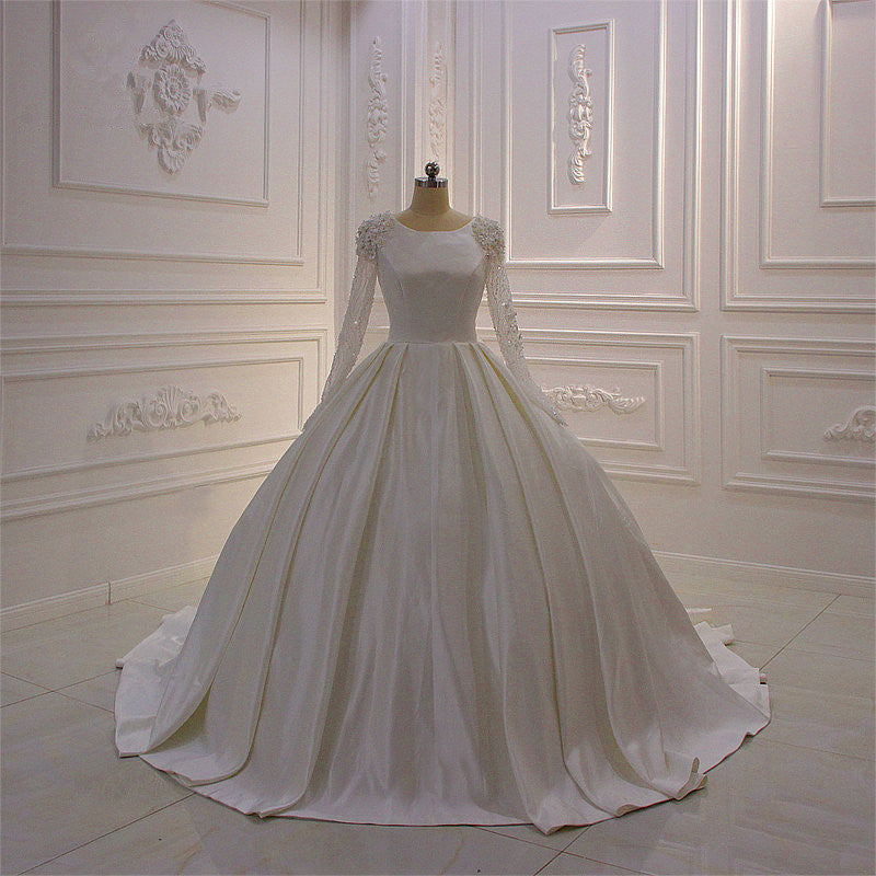 Ivory Long Sleevess Jewel Ruffless Flowers Bedaings Wedding dress-showprettydress