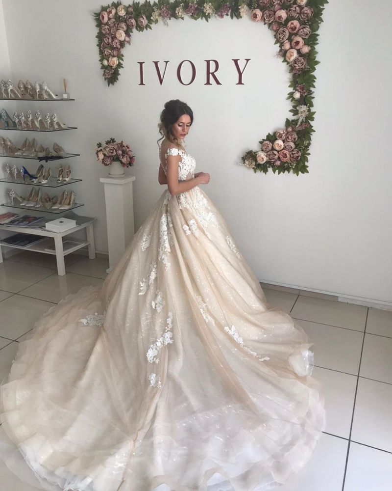 Ivory V neck off the shoulder Princess Ball Gown Wedding Dress-showprettydress