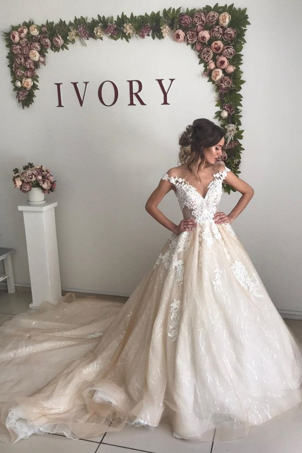 Ivory V neck off the shoulder Princess Ball Gown Wedding Dress-showprettydress