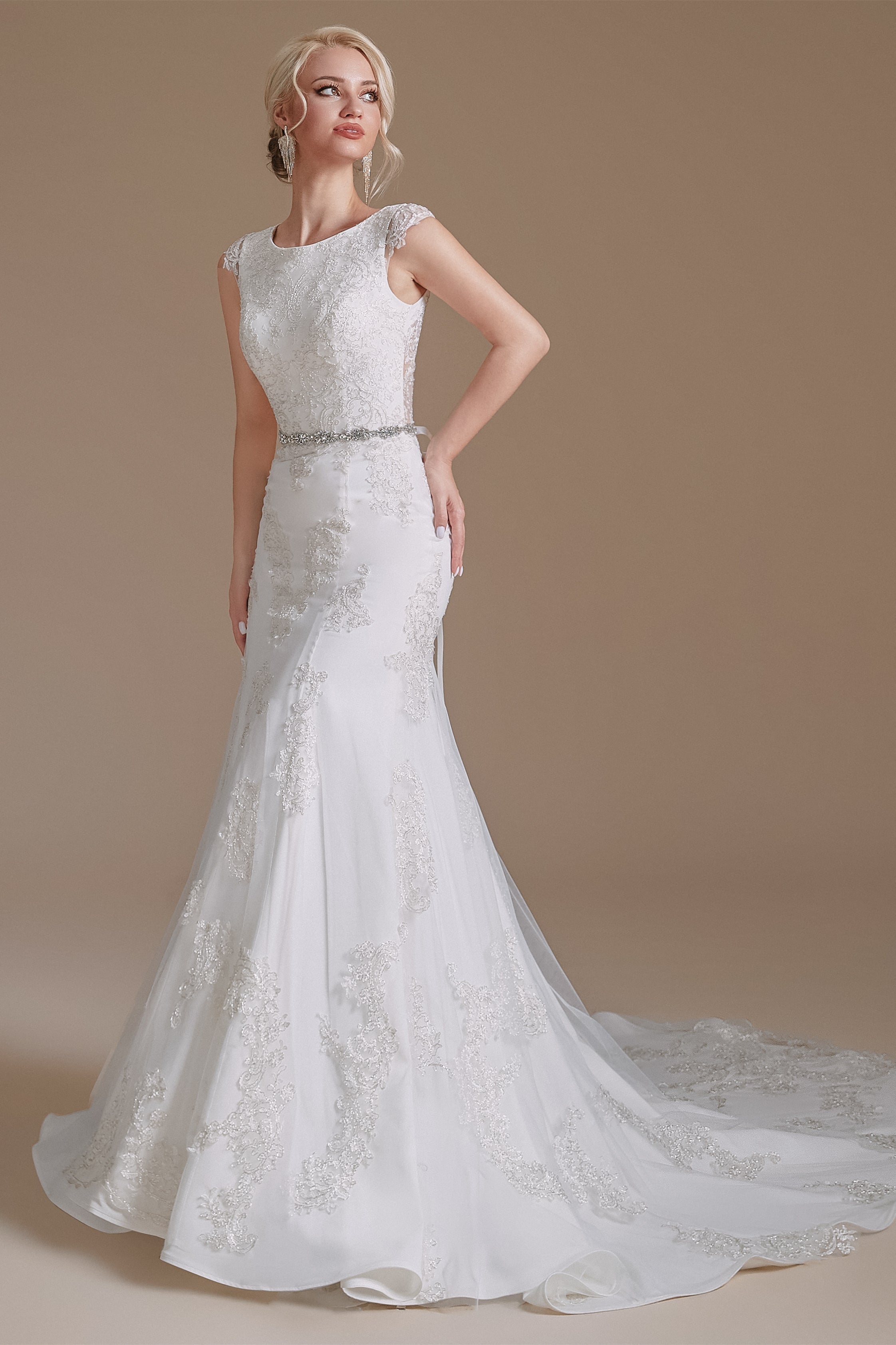 Jewel Lace Cap Sleeves Lace Mermaid Wedding Dress | Showprettydress Design-showprettydress