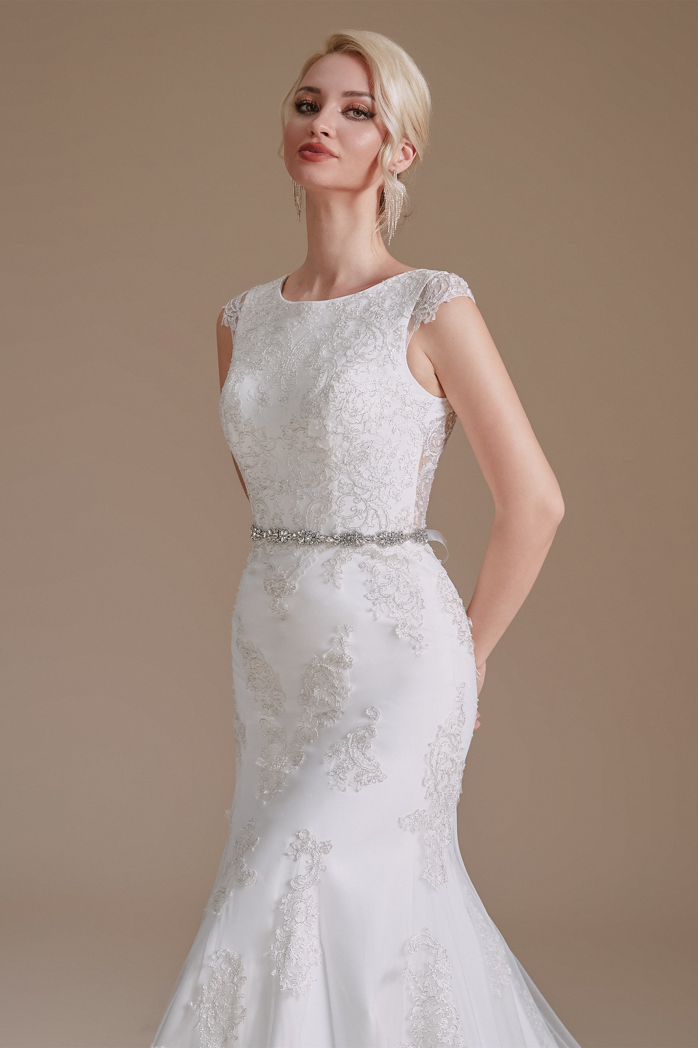 Jewel Lace Cap Sleeves Lace Mermaid Wedding Dress | Showprettydress Design-showprettydress