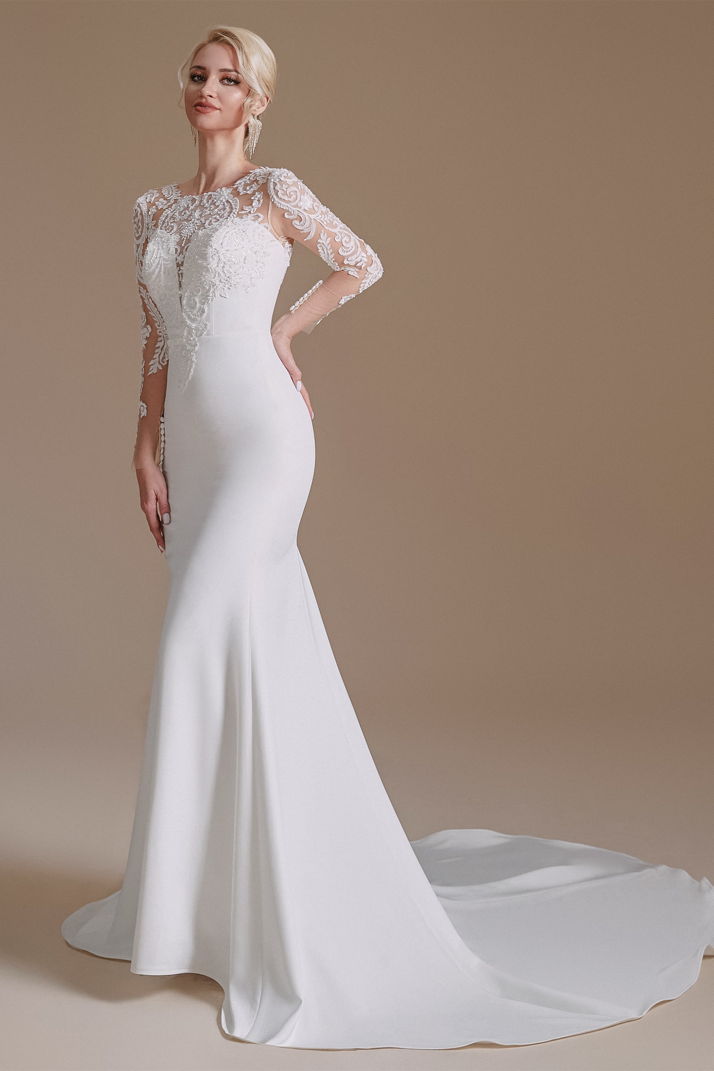 Jewel Lace Long Sleeves Mermaid Wedding Dress | Showprettydress Design-showprettydress