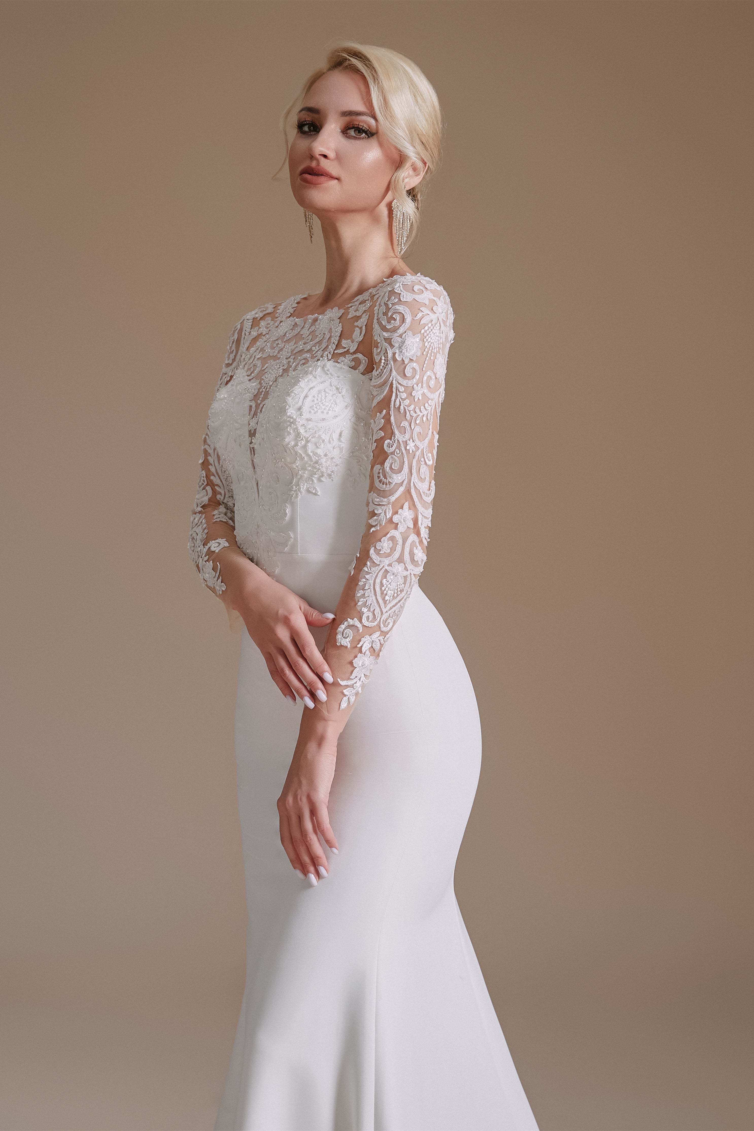 Jewel Lace Long Sleeves Mermaid Wedding Dress | Showprettydress Design-showprettydress